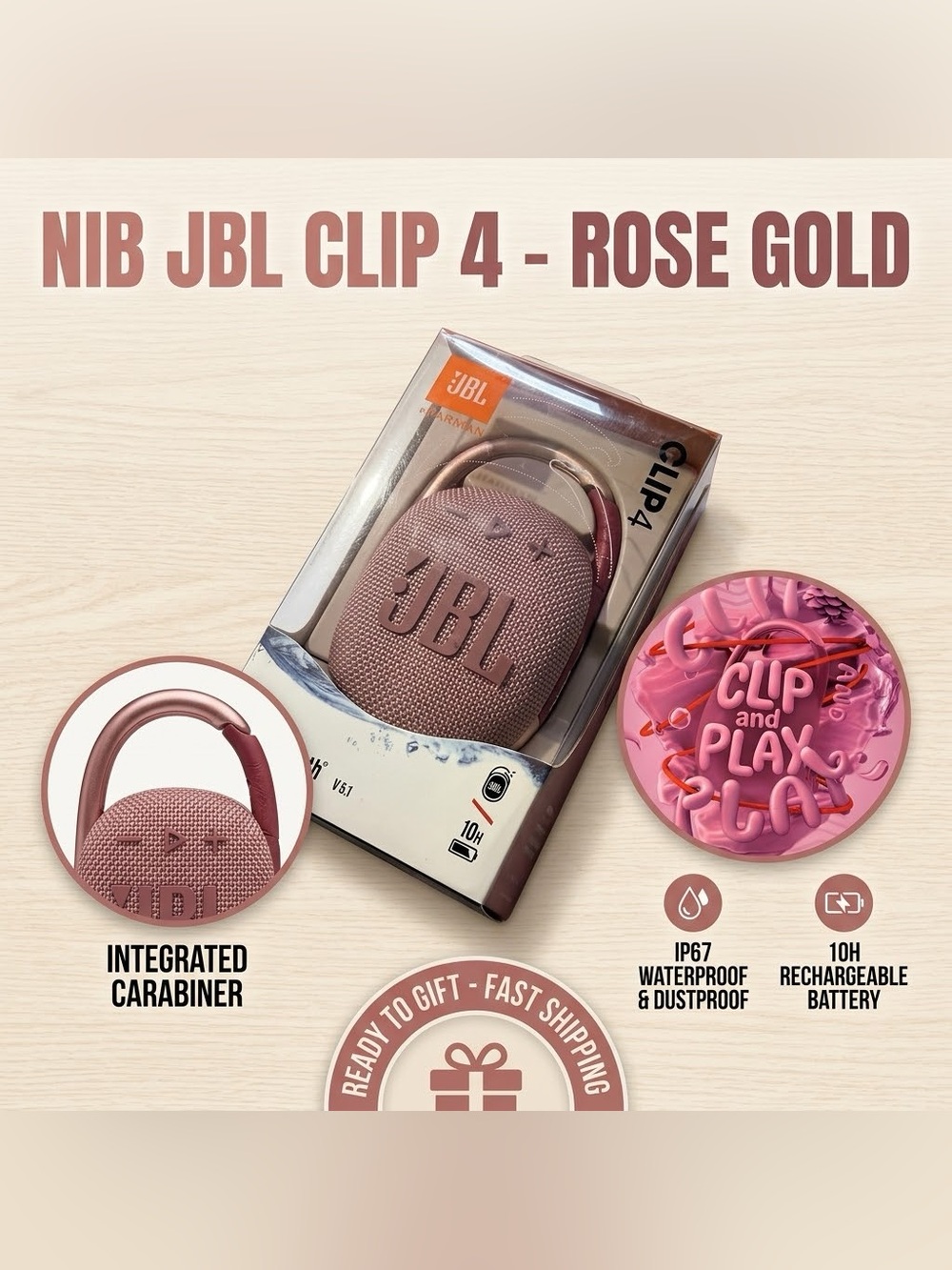 JBL Clip 4 Portable Bluetooth Speaker - Rose Gold (NIB)